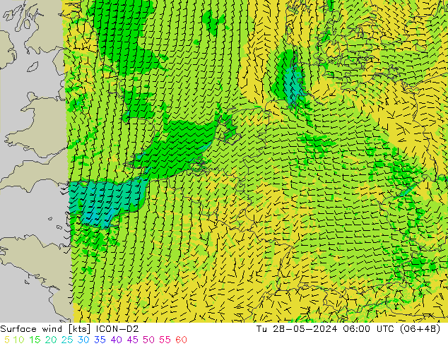 Surface wind ICON-D2 Út 28.05.2024 06 UTC