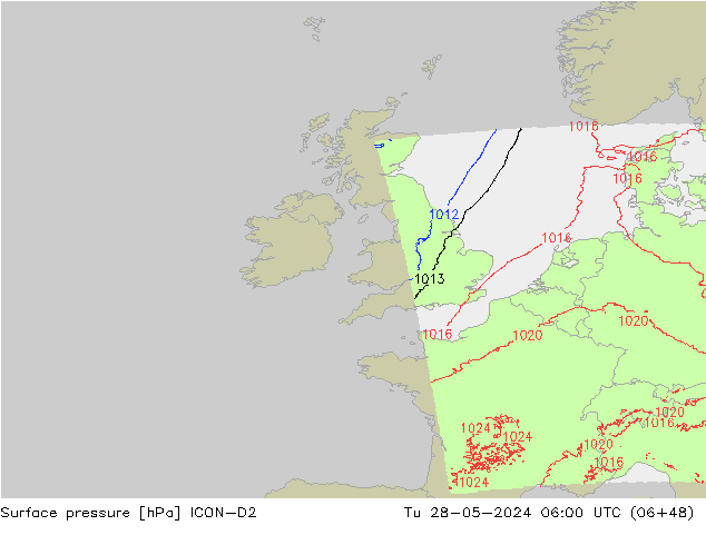 Surface pressure ICON-D2 Tu 28.05.2024 06 UTC