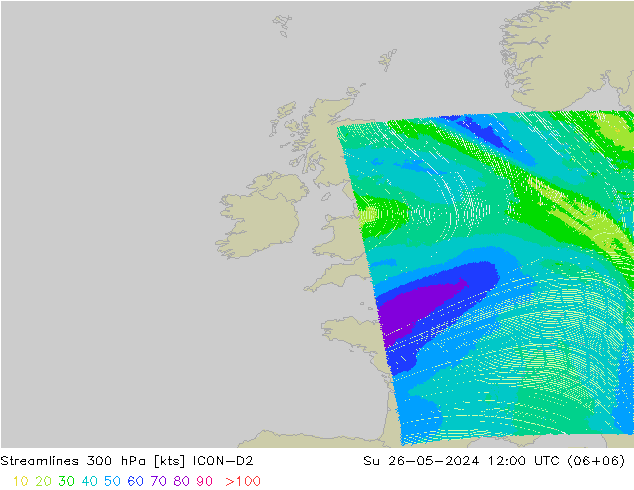 Linea di flusso 300 hPa ICON-D2 dom 26.05.2024 12 UTC