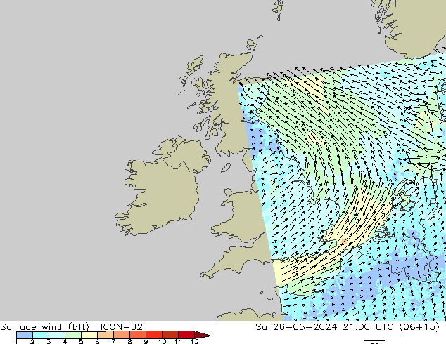 Surface wind (bft) ICON-D2 Su 26.05.2024 21 UTC