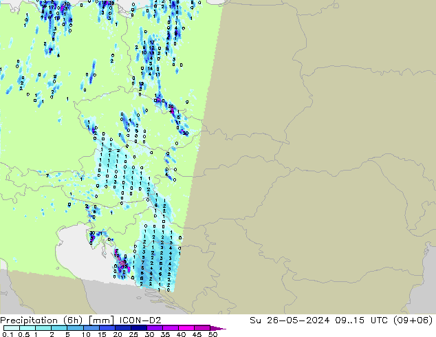 Precipitación (6h) ICON-D2 dom 26.05.2024 15 UTC