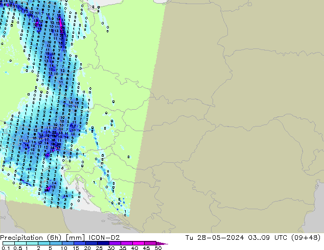 Precipitación (6h) ICON-D2 mar 28.05.2024 09 UTC