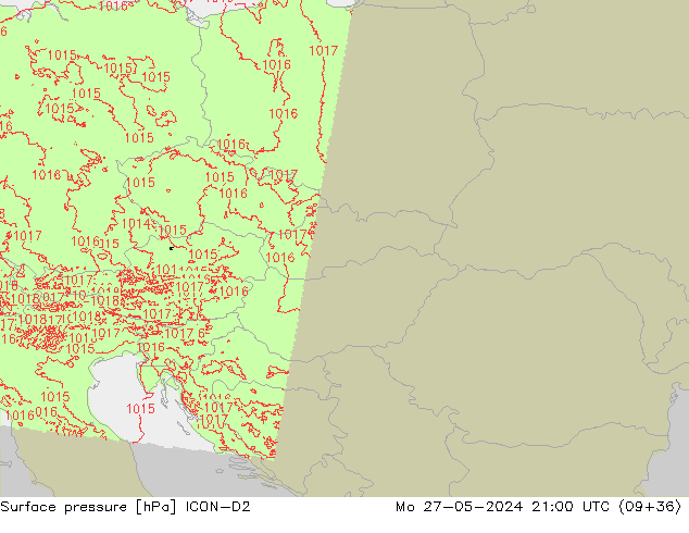 Presión superficial ICON-D2 lun 27.05.2024 21 UTC