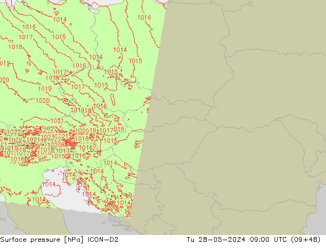 Presión superficial ICON-D2 mar 28.05.2024 09 UTC