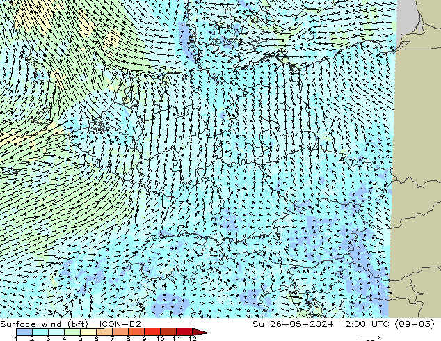 Surface wind (bft) ICON-D2 Su 26.05.2024 12 UTC