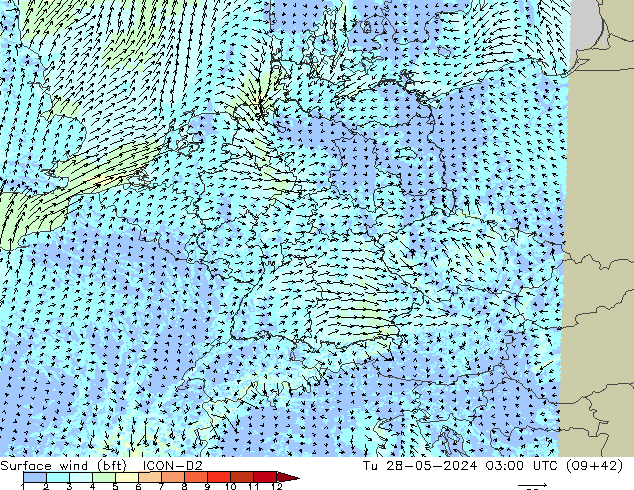 Surface wind (bft) ICON-D2 Tu 28.05.2024 03 UTC