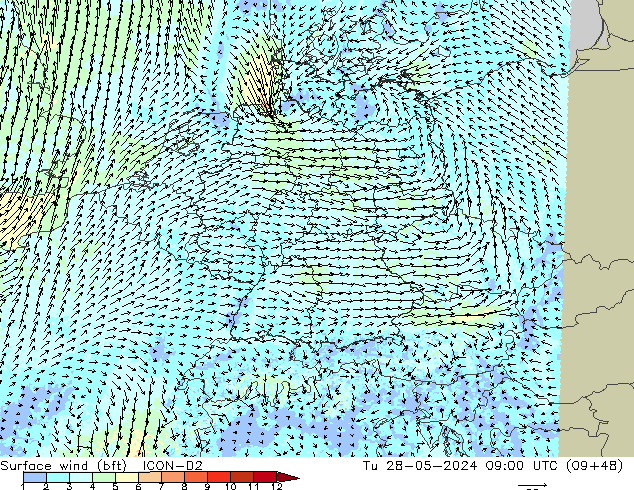 Surface wind (bft) ICON-D2 Út 28.05.2024 09 UTC