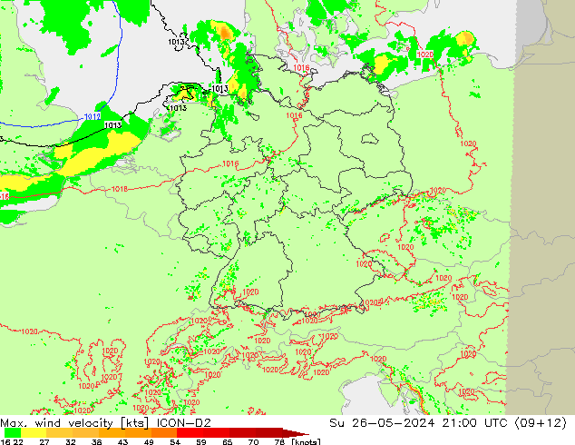 Max. wind velocity ICON-D2 dim 26.05.2024 21 UTC