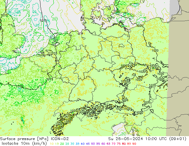 Isotachen (km/h) ICON-D2 So 26.05.2024 10 UTC