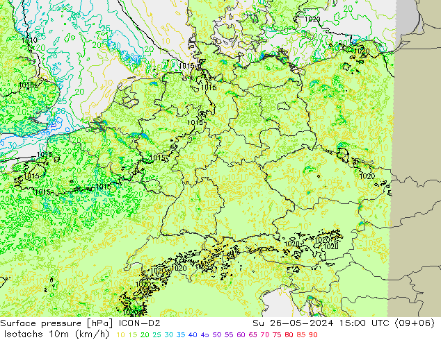 Izotacha (km/godz) ICON-D2 nie. 26.05.2024 15 UTC