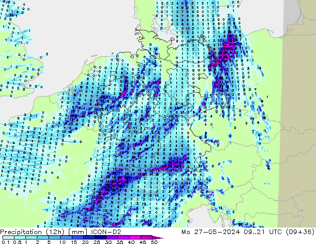 Precipitação (12h) ICON-D2 Seg 27.05.2024 21 UTC