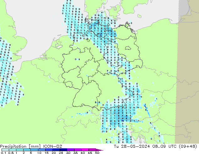 Precipitation ICON-D2 Tu 28.05.2024 09 UTC