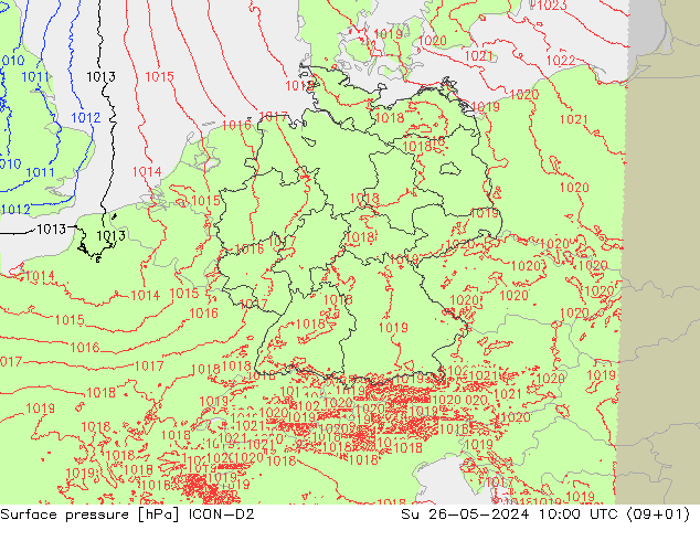 Pressione al suolo ICON-D2 dom 26.05.2024 10 UTC