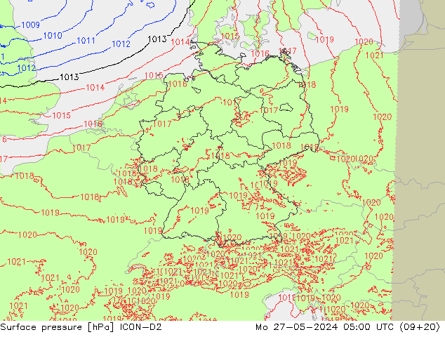 Surface pressure ICON-D2 Mo 27.05.2024 05 UTC