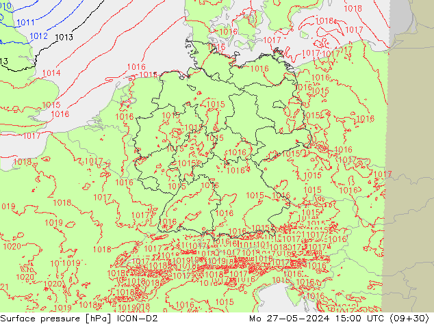 Pressione al suolo ICON-D2 lun 27.05.2024 15 UTC