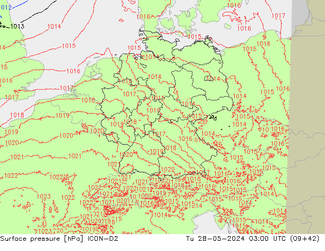 Surface pressure ICON-D2 Tu 28.05.2024 03 UTC