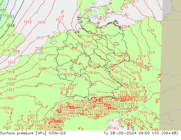 Presión superficial ICON-D2 mar 28.05.2024 09 UTC