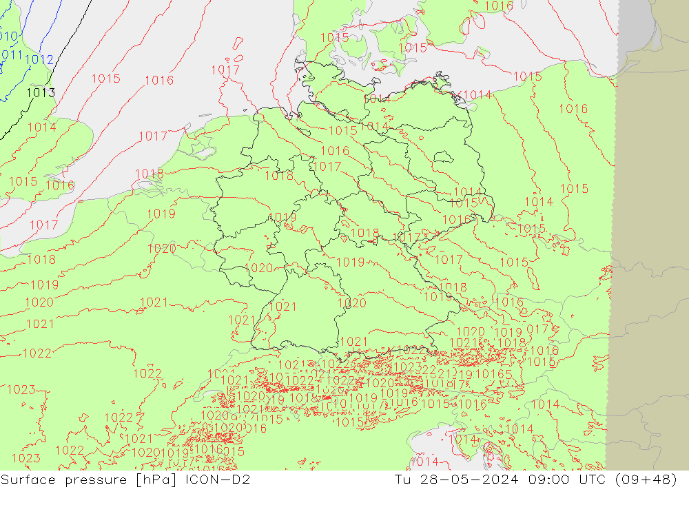 pression de l'air ICON-D2 mar 28.05.2024 09 UTC