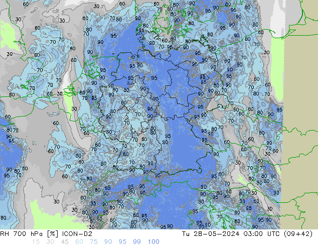 RH 700 hPa ICON-D2 Út 28.05.2024 03 UTC