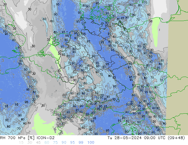 Humedad rel. 700hPa ICON-D2 mar 28.05.2024 09 UTC