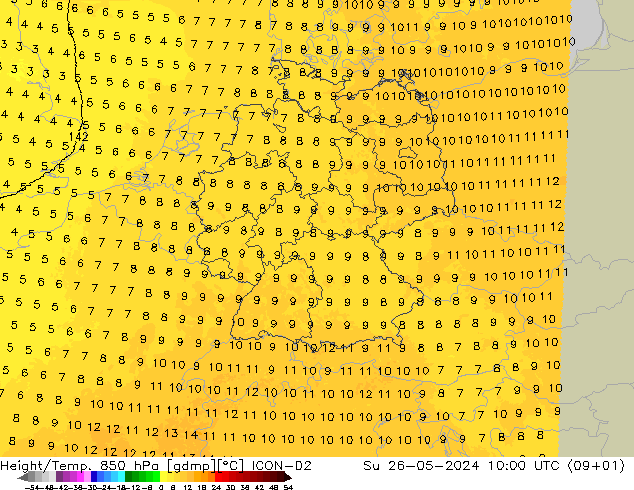 Height/Temp. 850 hPa ICON-D2 Su 26.05.2024 10 UTC