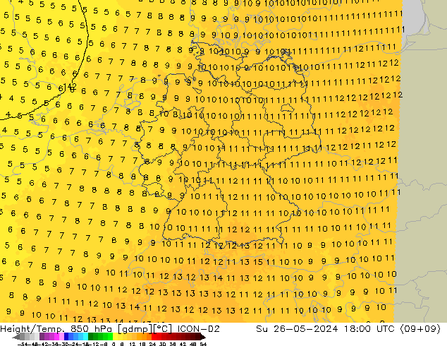 Height/Temp. 850 hPa ICON-D2 Su 26.05.2024 18 UTC