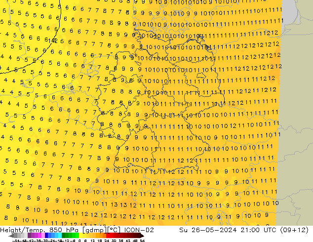 Height/Temp. 850 hPa ICON-D2 Su 26.05.2024 21 UTC