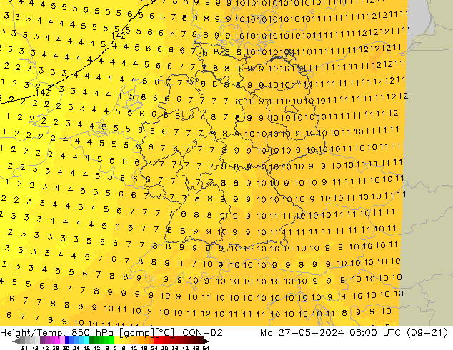 Géop./Temp. 850 hPa ICON-D2 lun 27.05.2024 06 UTC