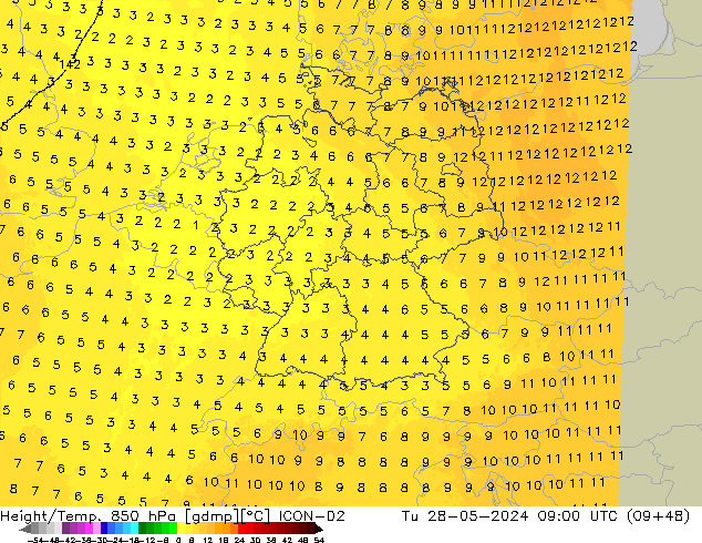 Géop./Temp. 850 hPa ICON-D2 mar 28.05.2024 09 UTC