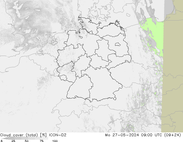 Cloud cover (total) ICON-D2 Po 27.05.2024 09 UTC