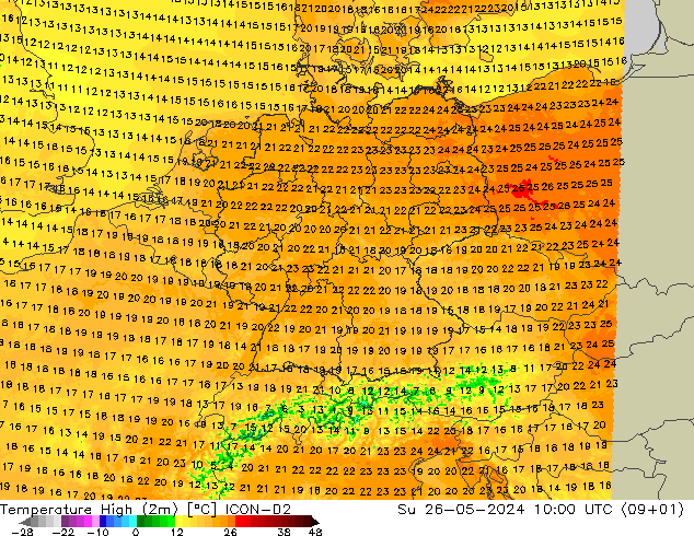 temperatura máx. (2m) ICON-D2 Dom 26.05.2024 10 UTC