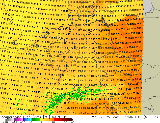 Temperatura máx. (2m) ICON-D2 lun 27.05.2024 09 UTC