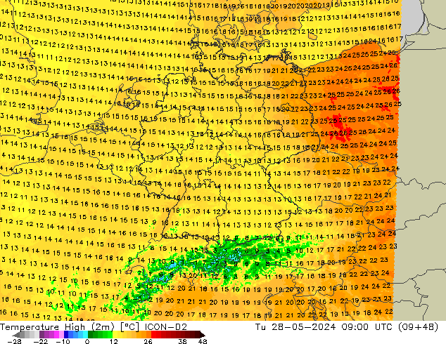 temperatura máx. (2m) ICON-D2 Ter 28.05.2024 09 UTC