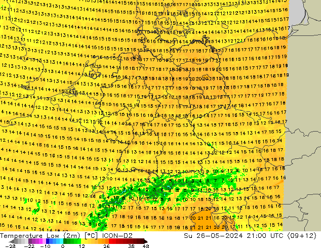 Min.temperatuur (2m) ICON-D2 zo 26.05.2024 21 UTC