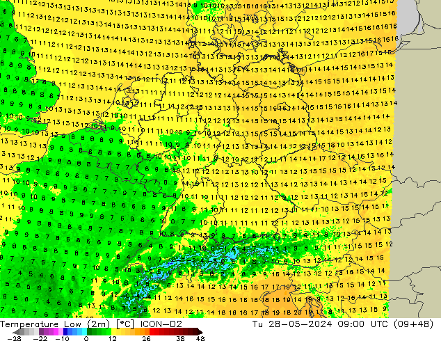 Temperatura mín. (2m) ICON-D2 mar 28.05.2024 09 UTC