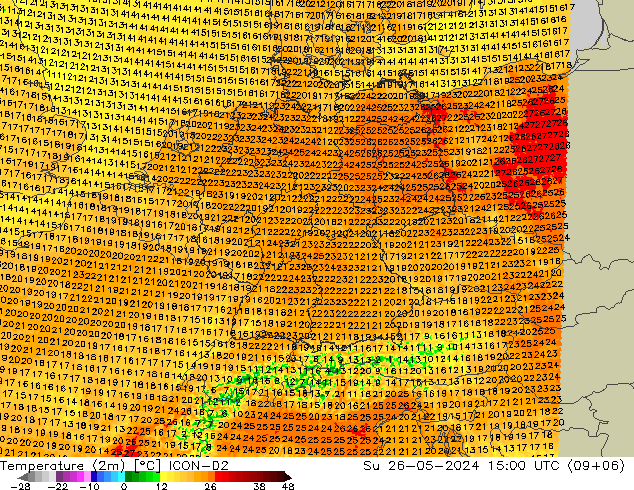 Temperatuurkaart (2m) ICON-D2 zo 26.05.2024 15 UTC