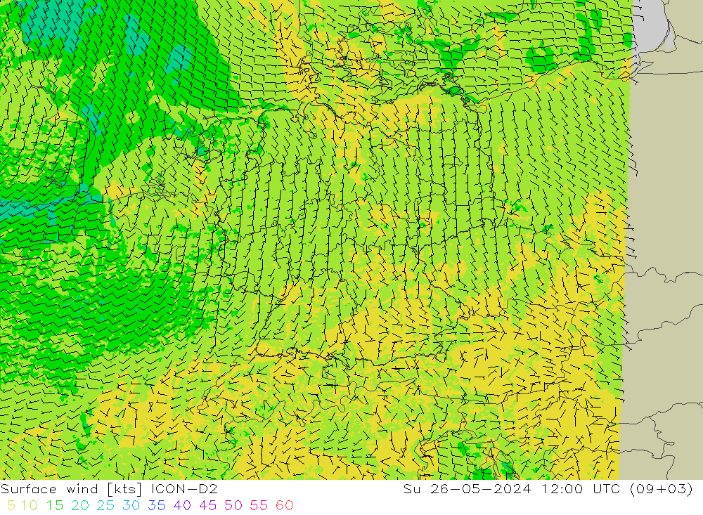 Viento 10 m ICON-D2 dom 26.05.2024 12 UTC