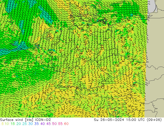 Surface wind ICON-D2 Su 26.05.2024 15 UTC