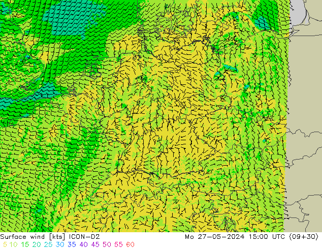 Viento 10 m ICON-D2 lun 27.05.2024 15 UTC