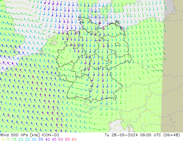 Rüzgar 500 hPa ICON-D2 Sa 28.05.2024 09 UTC