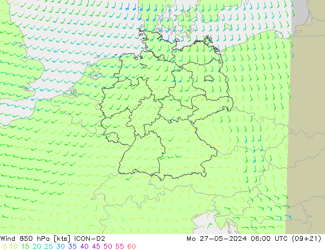 风 850 hPa ICON-D2 星期一 27.05.2024 06 UTC