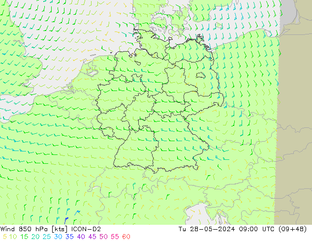 Wind 850 hPa ICON-D2 Di 28.05.2024 09 UTC