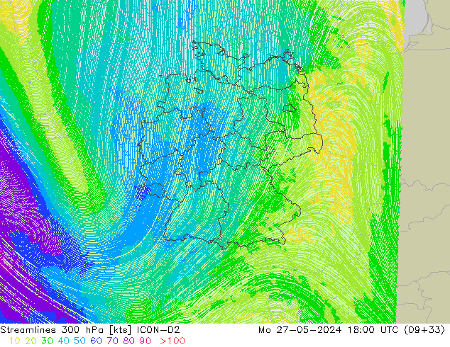 Linha de corrente 300 hPa ICON-D2 Seg 27.05.2024 18 UTC