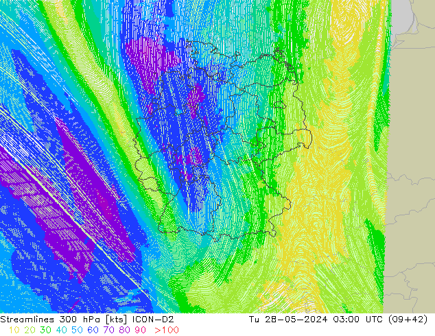 Stromlinien 300 hPa ICON-D2 Di 28.05.2024 03 UTC