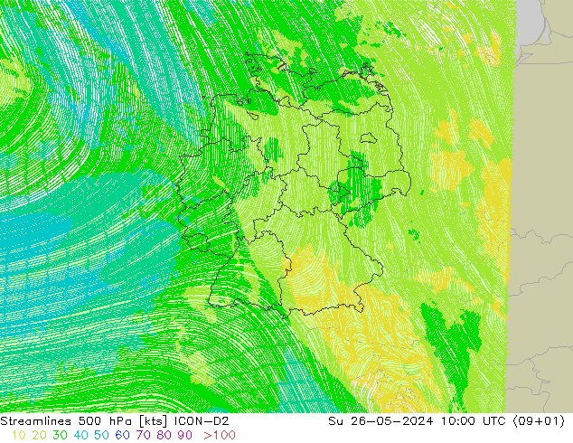 Ligne de courant 500 hPa ICON-D2 dim 26.05.2024 10 UTC