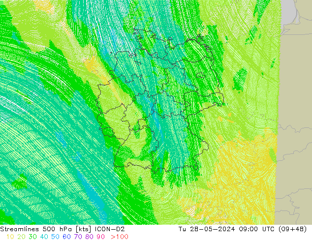 Stroomlijn 500 hPa ICON-D2 di 28.05.2024 09 UTC