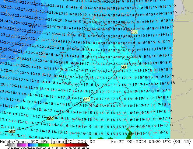 Geop./Temp. 500 hPa ICON-D2 lun 27.05.2024 03 UTC