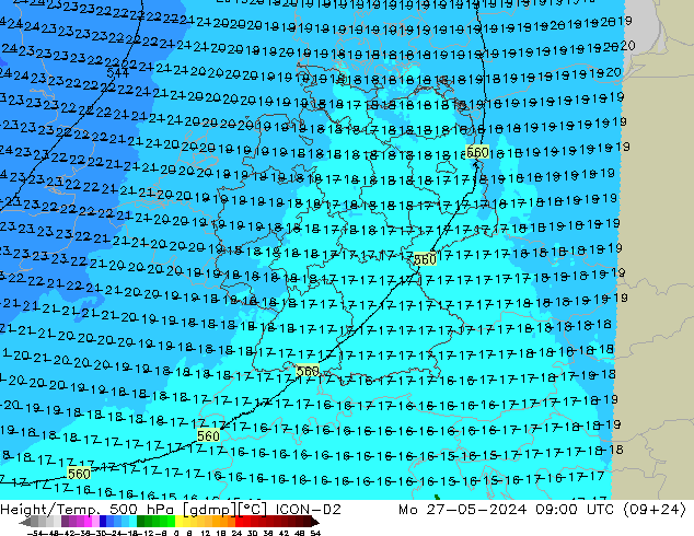 Height/Temp. 500 hPa ICON-D2 lun 27.05.2024 09 UTC