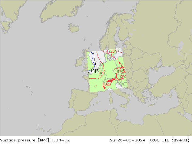 Presión superficial ICON-D2 dom 26.05.2024 10 UTC