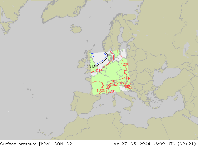 Pressione al suolo ICON-D2 lun 27.05.2024 06 UTC